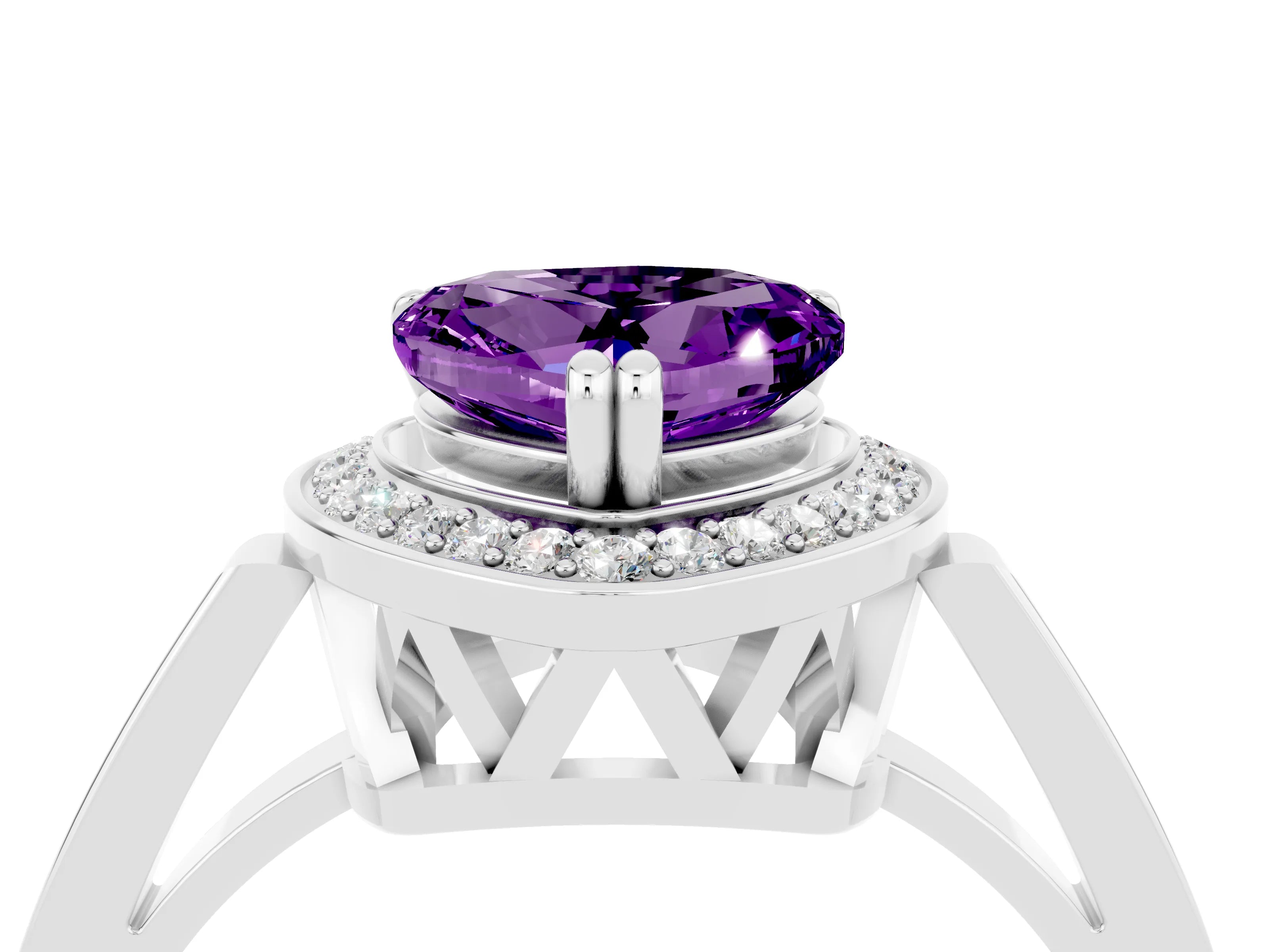 White gold Heart Cut Amethyst Halo Ring with Split Shank and Four-Prong Setting_28