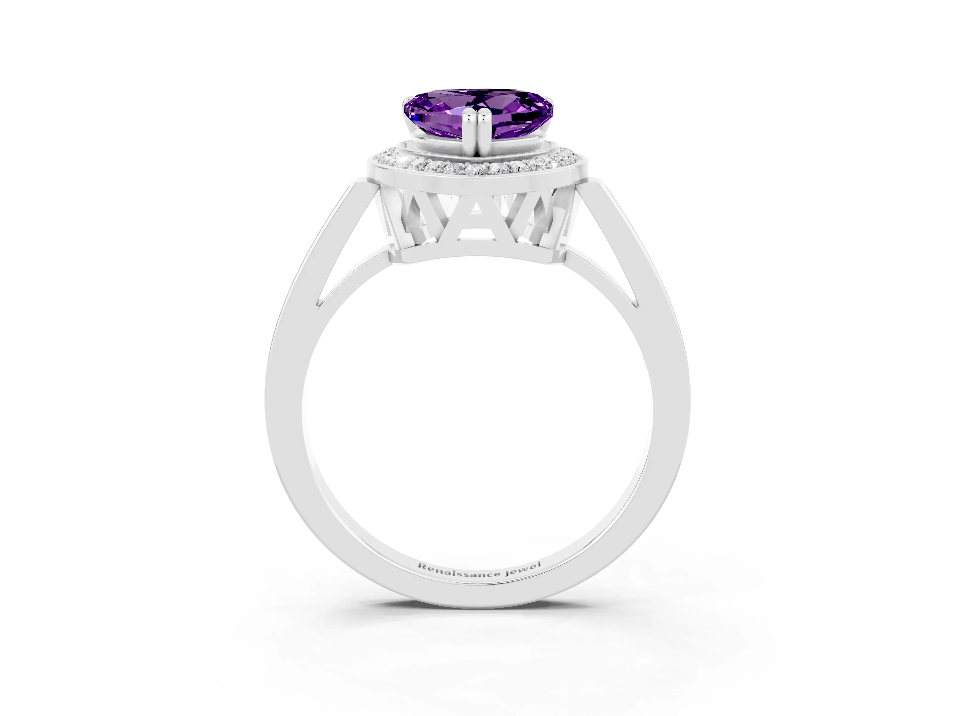 White gold Heart Cut Amethyst Halo Ring with Split Shank and Four-Prong Setting_3