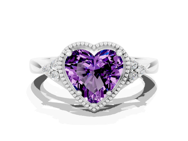 Platinum Heart Cut Amethyst Halo Ring with Tapered Band and Four-Prong Setting