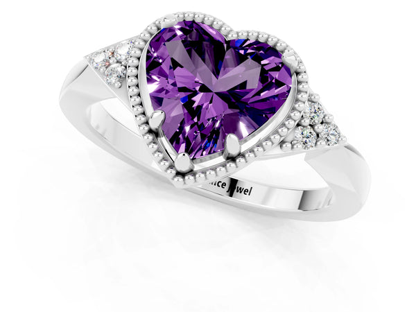 Platinum Heart Cut Amethyst Halo Ring with Tapered Band and Four-Prong Setting