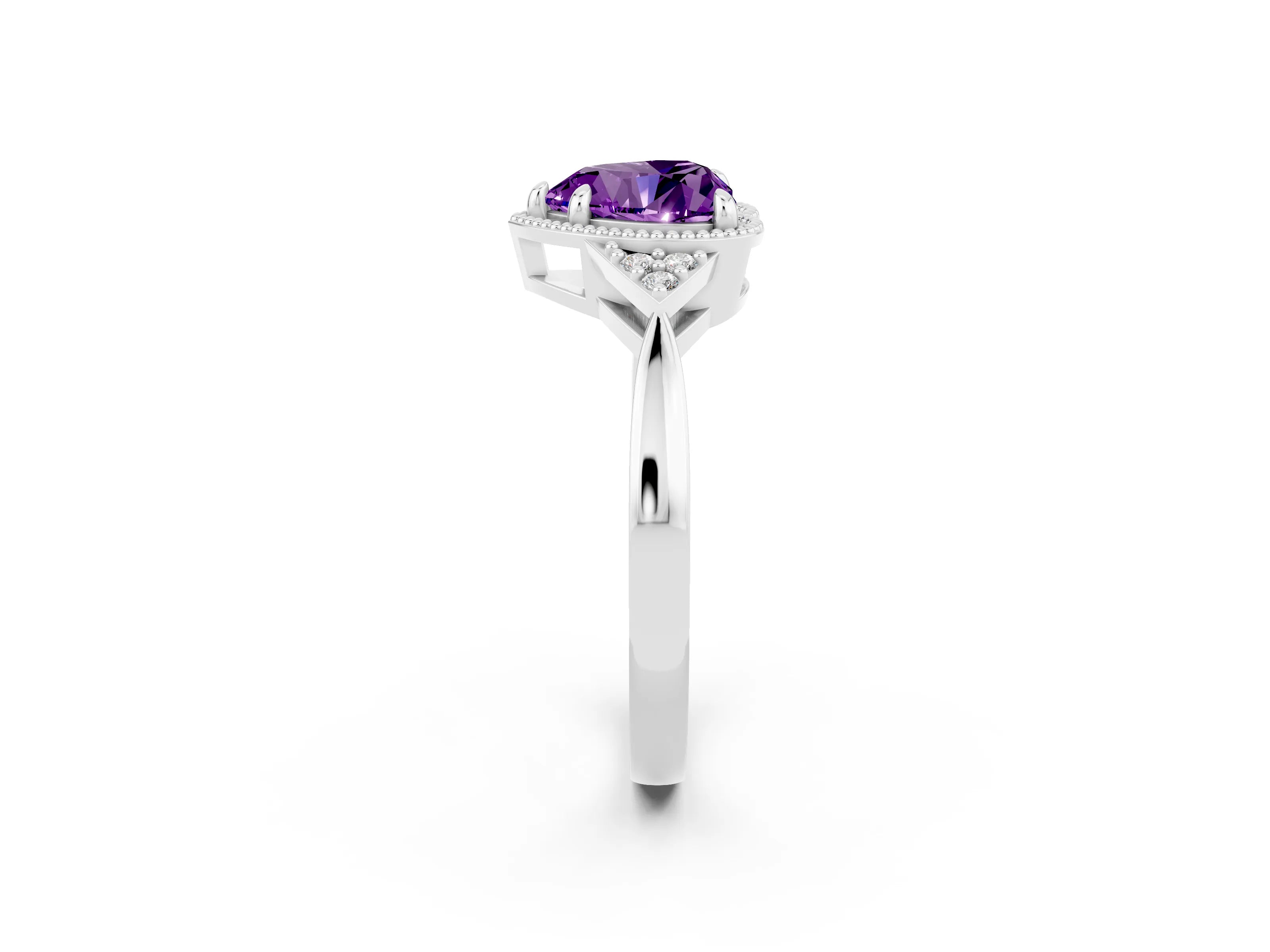 White gold Heart Cut Amethyst Halo Ring with Tapered Band and Four-Prong Setting_2