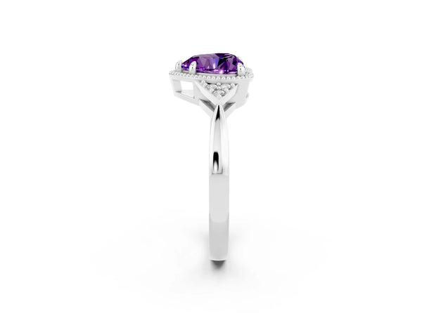 White gold Heart Cut Amethyst Halo Ring with Tapered Band and Four-Prong Setting