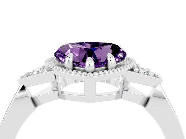 Platinum Heart Cut Amethyst Halo Ring with Tapered Band and Four-Prong Setting