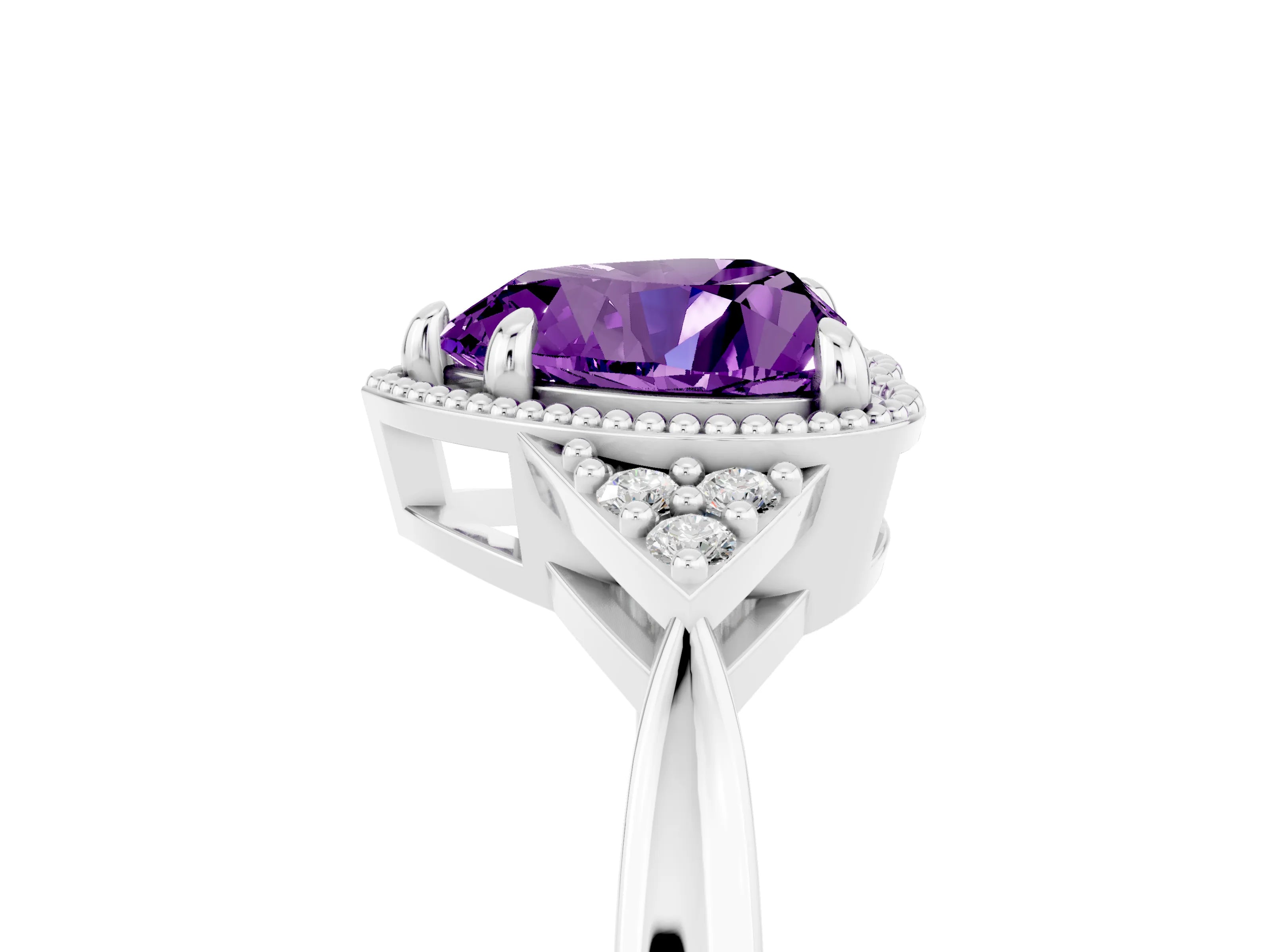 White gold Heart Cut Amethyst Halo Ring with Tapered Band and Four-Prong Setting_4