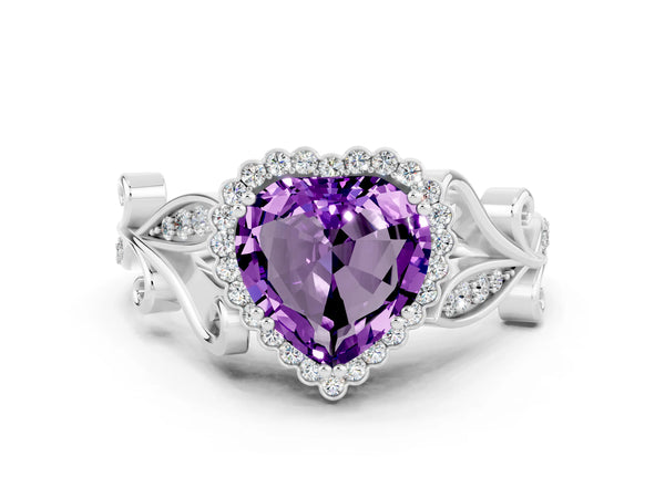 Platinum Heart Cut Amethyst Halo Ring with Vintage Split Shank and Four-Prong Setting