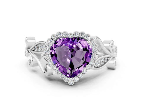 White gold Heart Cut Amethyst Halo Ring with Vintage Split Shank and Four-Prong Setting_24