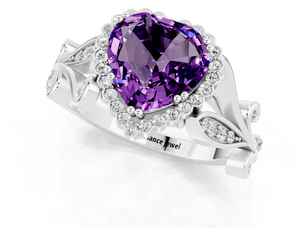 Platinum Heart Cut Amethyst Halo Ring with Vintage Split Shank and Four-Prong Setting