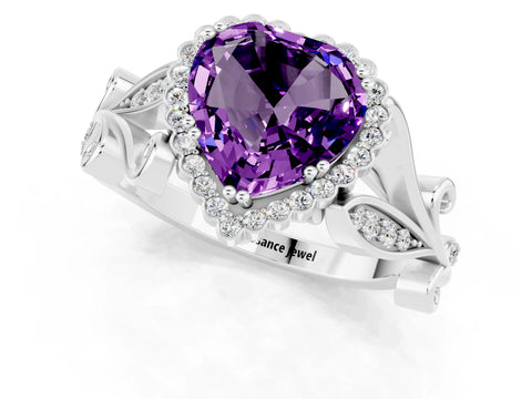 White gold Heart Cut Amethyst Halo Ring with Vintage Split Shank and Four-Prong Setting_25