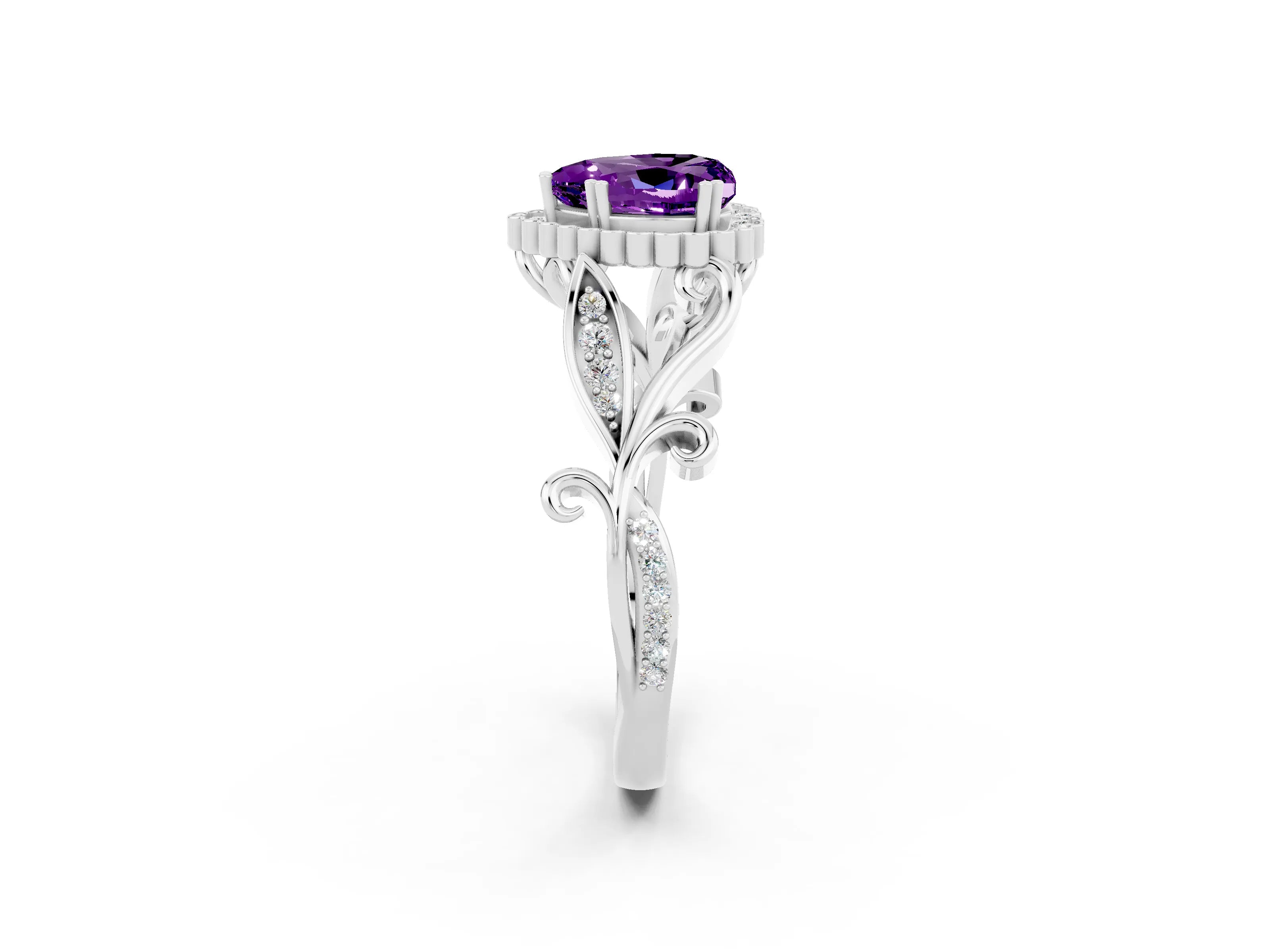 White gold Heart Cut Amethyst Halo Ring with Vintage Split Shank and Four-Prong Setting_26
