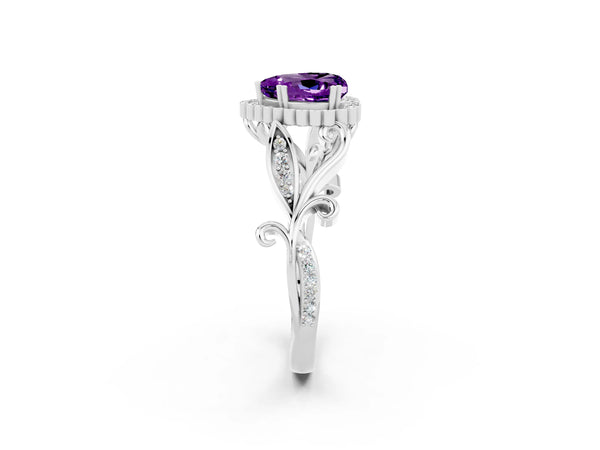 White gold Heart Cut Amethyst Halo Ring with Vintage Split Shank and Four-Prong Setting