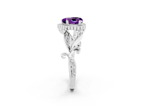 White gold Heart Cut Amethyst Halo Ring with Vintage Split Shank and Four-Prong Setting_26