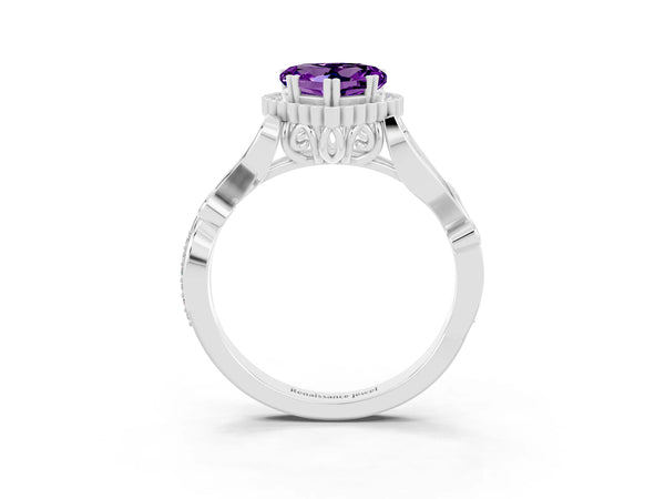 Platinum Heart Cut Amethyst Halo Ring with Vintage Split Shank and Four-Prong Setting