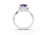 Silver Amethyst Halo Ring with Vintage Split Shank and Four-Prong Setting