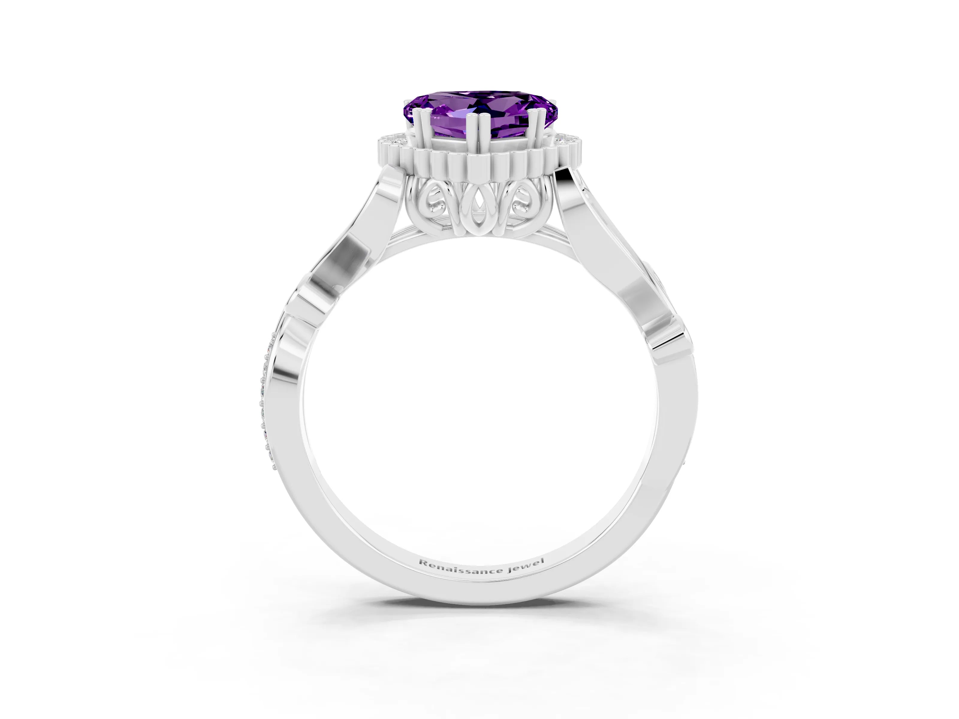 White gold Heart Cut Amethyst Halo Ring with Vintage Split Shank and Four-Prong Setting_27