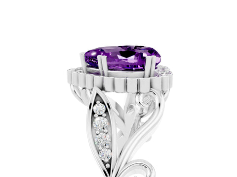 White gold Heart Cut Amethyst Halo Ring with Vintage Split Shank and Four-Prong Setting_29