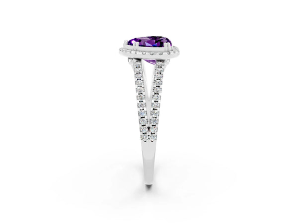 Platinum Heart Cut Amethyst Halo Split Shank Engagement Ring