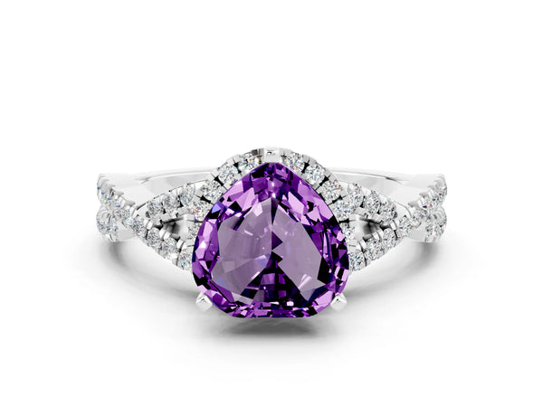 Platinum Heart Cut Amethyst  Halo Twist Band Solitaire Prong Setting Ring