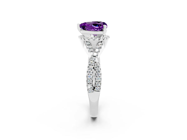 White gold Heart Cut Amethyst  Halo Twist Band Solitaire Prong Setting Ring