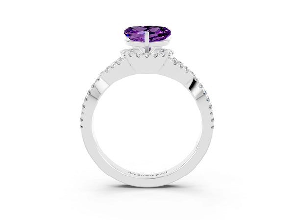 White gold Heart Cut Amethyst  Halo Twist Band Solitaire Prong Setting Ring