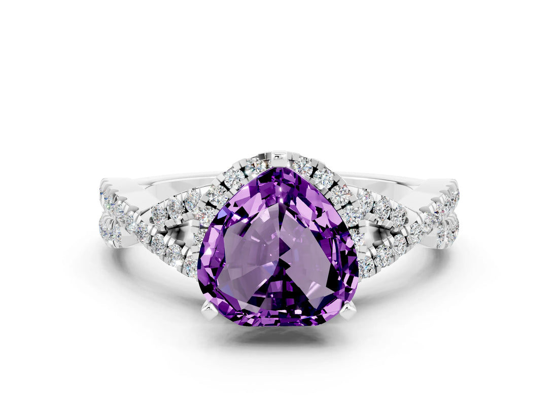 White gold Heart Cut Amethyst Halo Twist Band Solitaire Prong Setting Ring