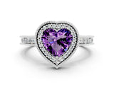 White gold Heart Cut Amethyst Milgrain Halo Engagement Ring with Round Pavé Band and Prong Setting_12