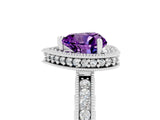 White gold Heart Cut Amethyst Milgrain Halo Engagement Ring with Round Pavé Band and Prong Setting_17