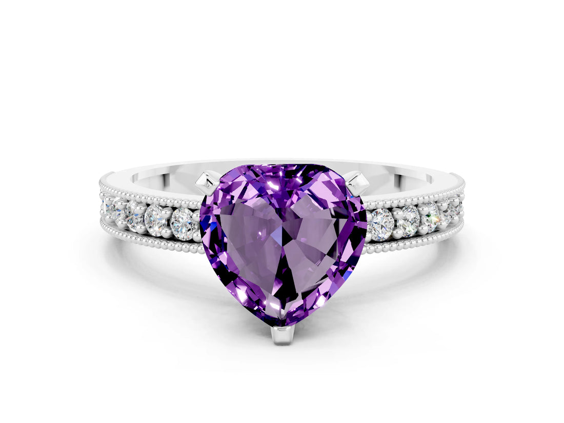 White gold Heart Cut Amethyst Milgrain Pavé Engagement Ring with Four-Prong Setting_12