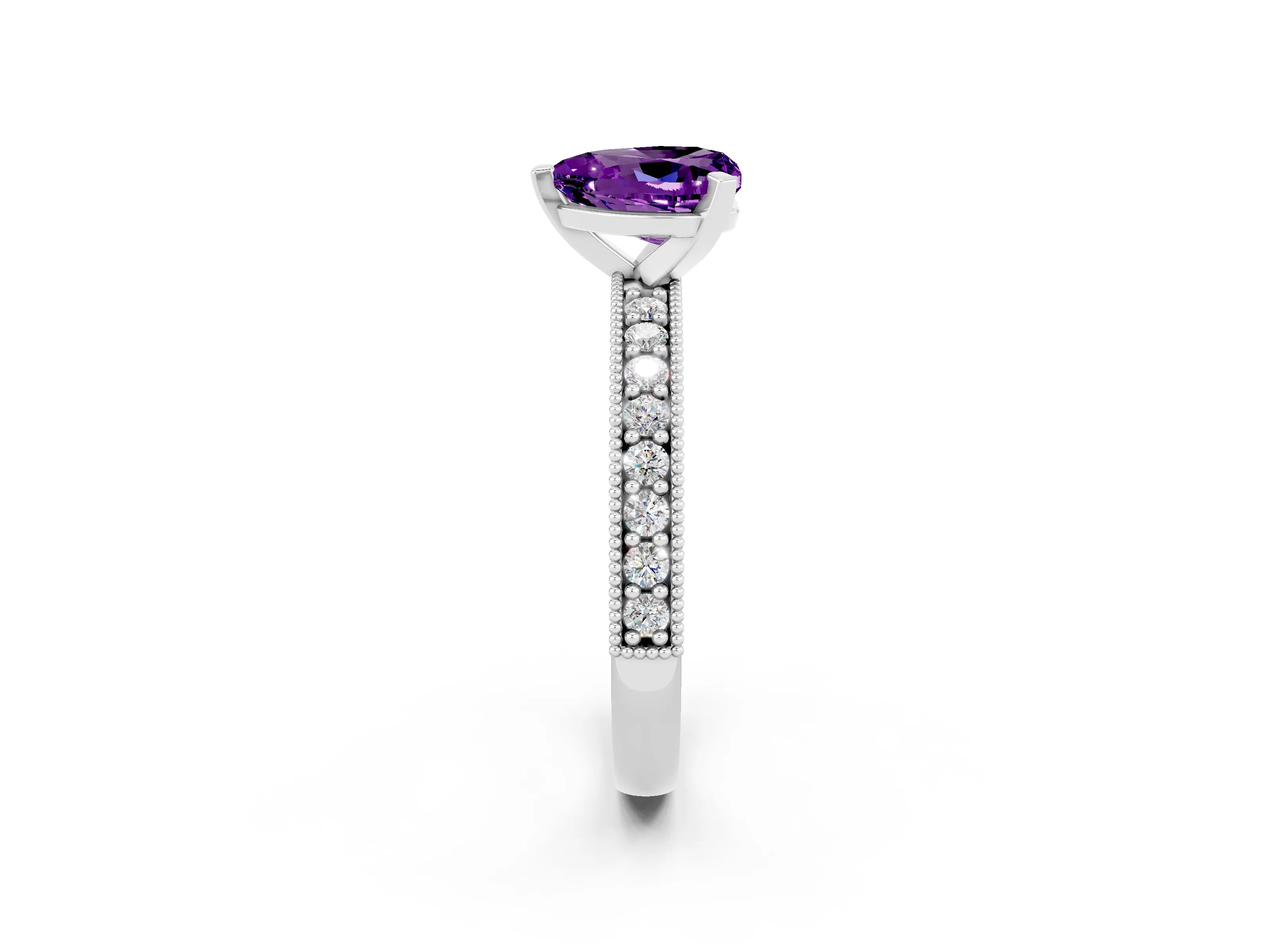 White gold Heart Cut Amethyst Milgrain Pavé Engagement Ring with Four-Prong Setting_14