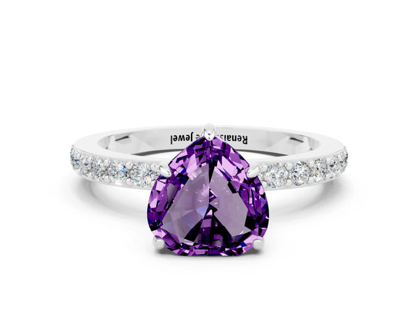 White gold Heart Cut Amethyst Pavé Engagement Ring with Round  Accents and Prong Setting