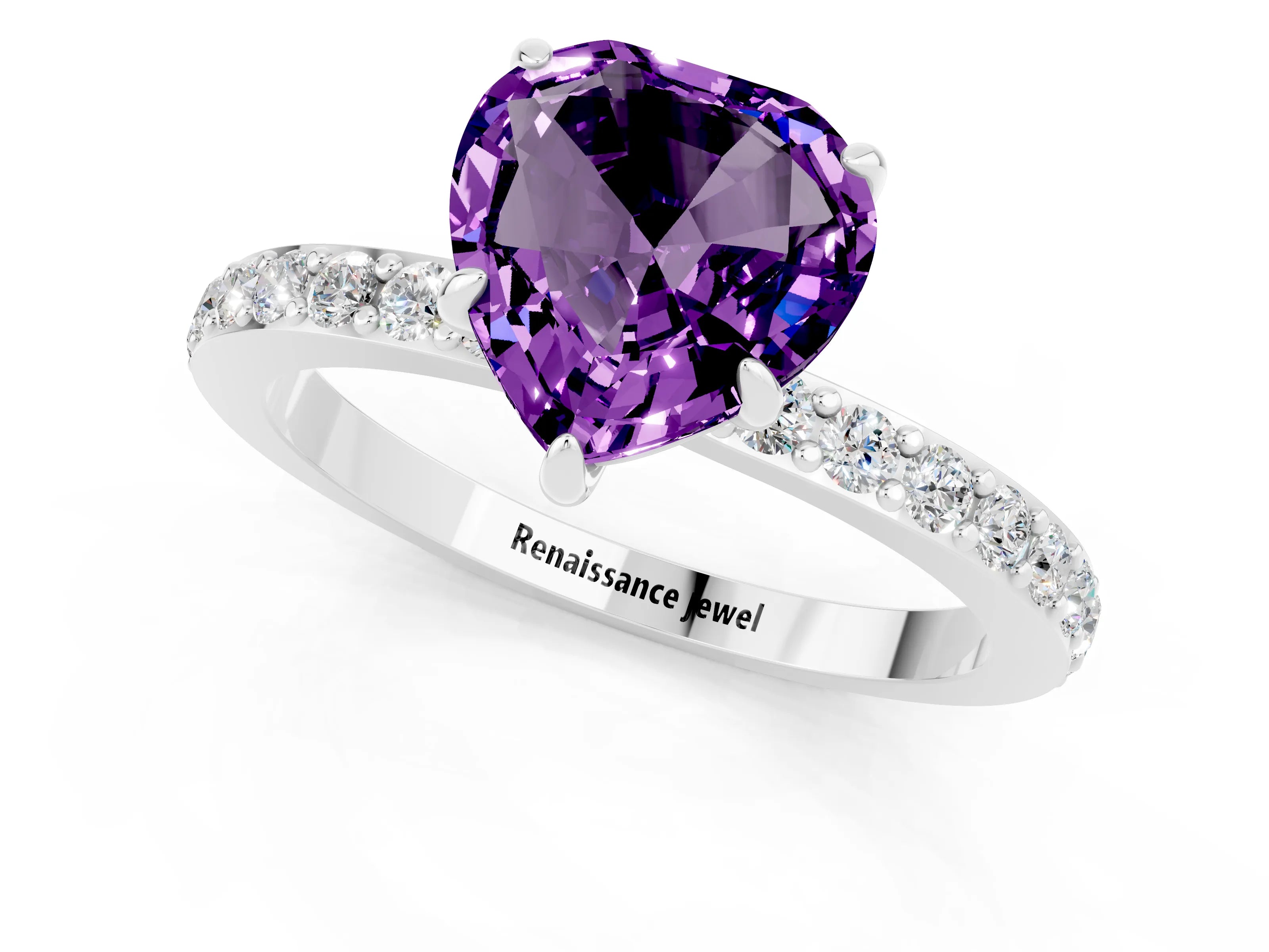 White gold Heart Cut Amethyst Pavé Engagement Ring with Round  Accents and Prong Setting_25