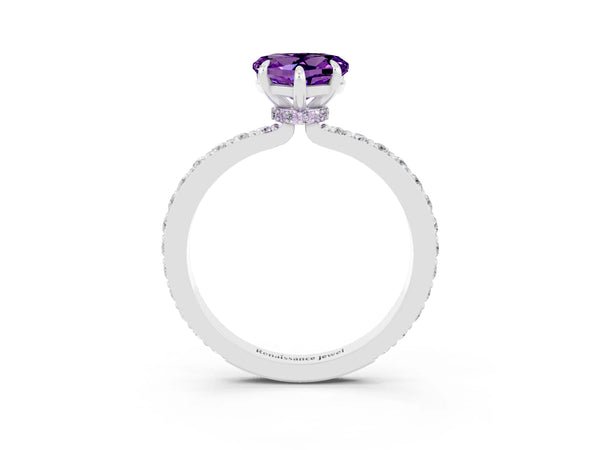 Silver Heart Cut Amethyst Pavé Engagement Ring with Round  Accents and Prong Setting