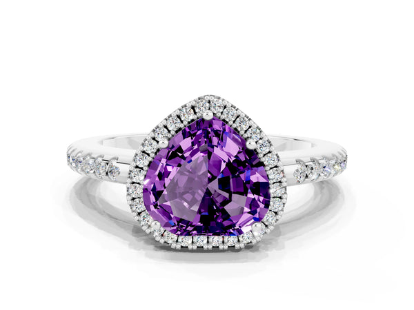 Silver Heart Cut Amethyst Pavé Halo Ring with Four-Prong Setting