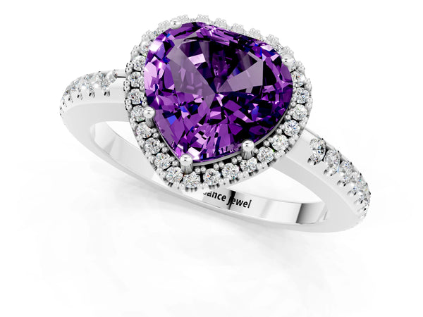 Silver Heart Cut Amethyst Pavé Halo Ring with Four-Prong Setting