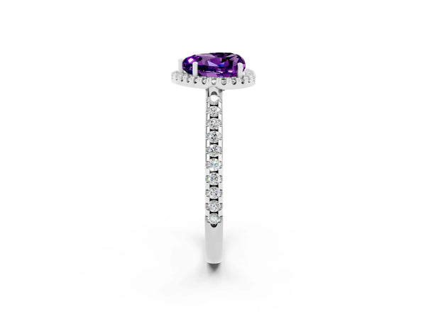 White gold Heart Cut Amethyst Pavé Halo Ring with Four-Prong Setting