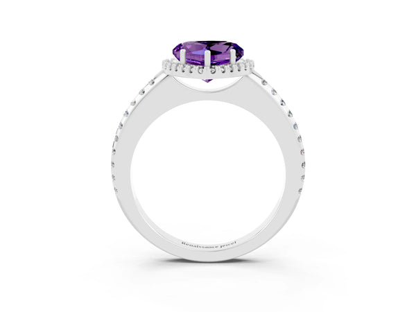 Platinum Heart Cut Amethyst Pavé Halo Ring with Four-Prong Setting