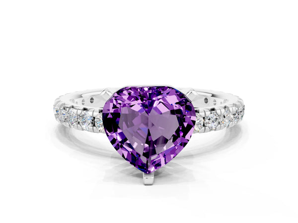 Platinum Heart Cut Amethyst Pavé Solitaire Ring with Round Band and Prong Setting