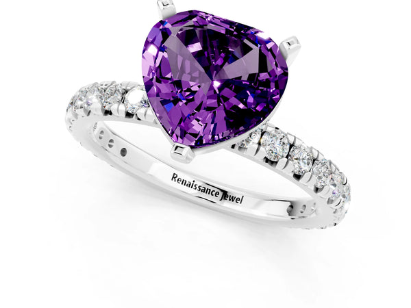 Platinum Heart Cut Amethyst Pavé Solitaire Ring with Round Band and Prong Setting