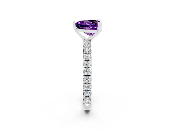Silver Heart Cut Amethyst Pavé Solitaire Ring with Round Band and Prong Setting