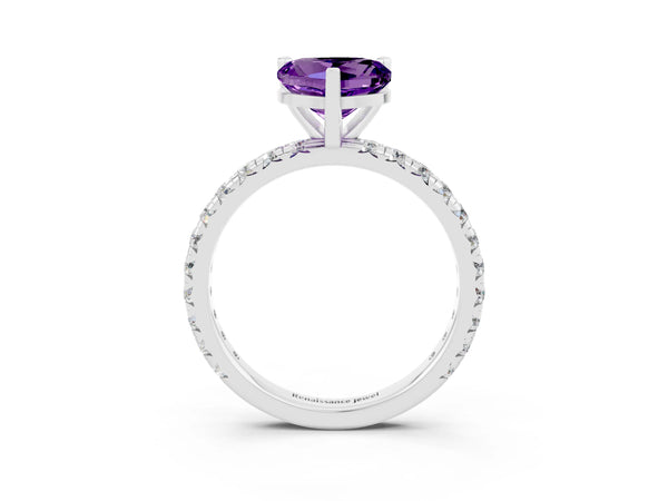 Silver Heart Cut Amethyst Pavé Solitaire Ring with Round Band and Prong Setting