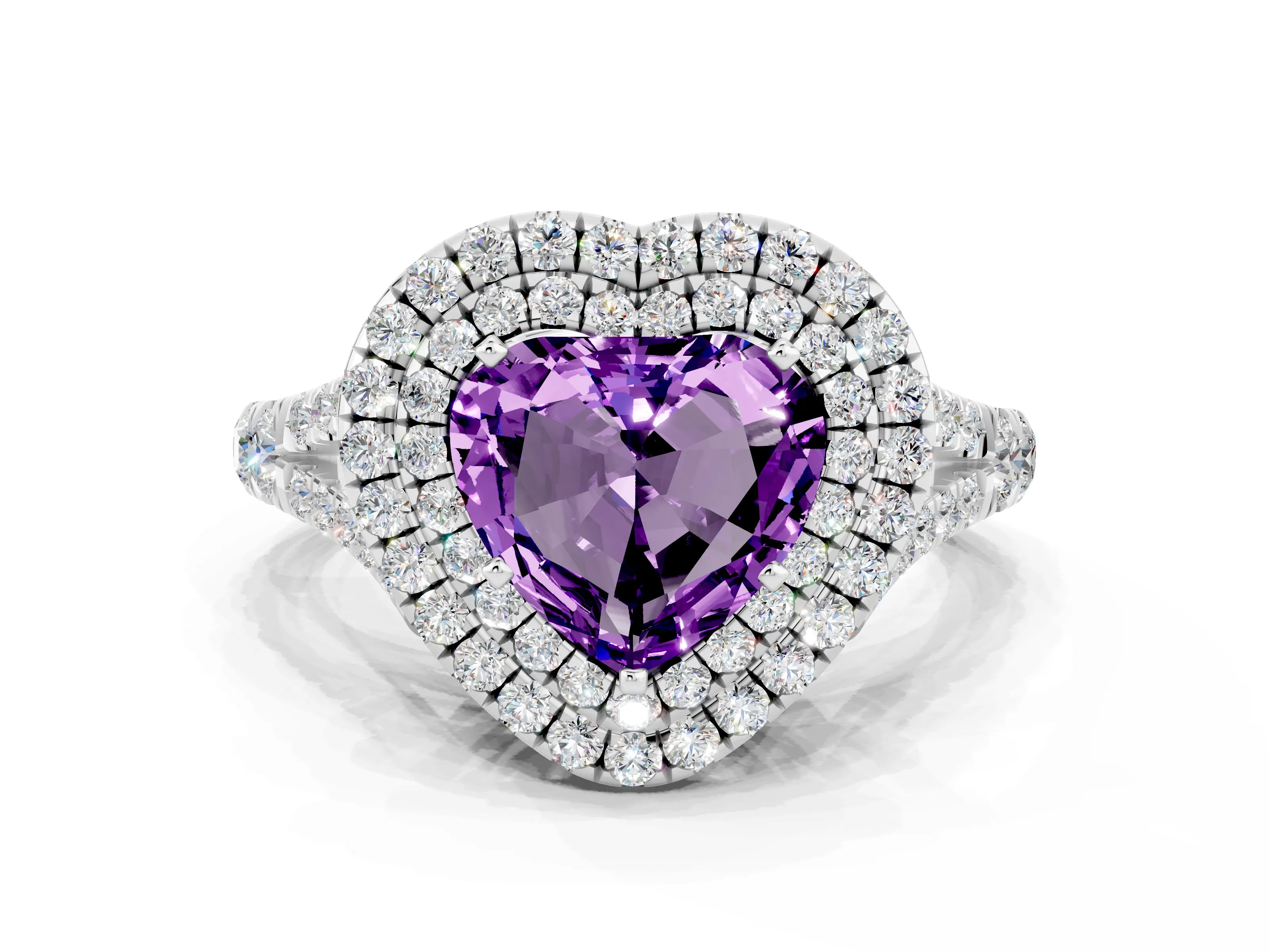 White gold Heart Cut Amethyst Pavé Split Shank Double Halo Engagement Ring