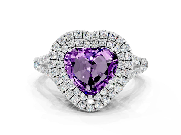 Platinum Heart Cut Amethyst Pavé Split Shank Double Halo Engagement Ring