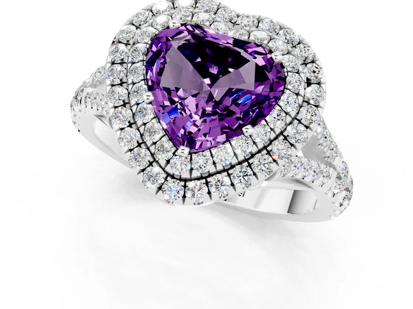 Platinum Heart Cut Amethyst Pavé Split Shank Double Halo Engagement Ring