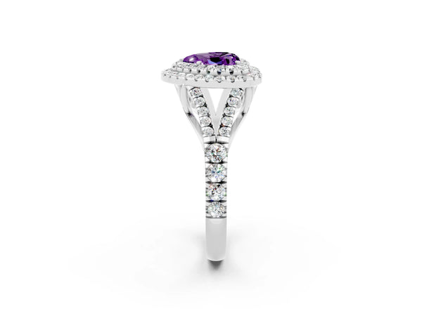 Platinum Heart Cut Amethyst Pavé Split Shank Double Halo Engagement Ring