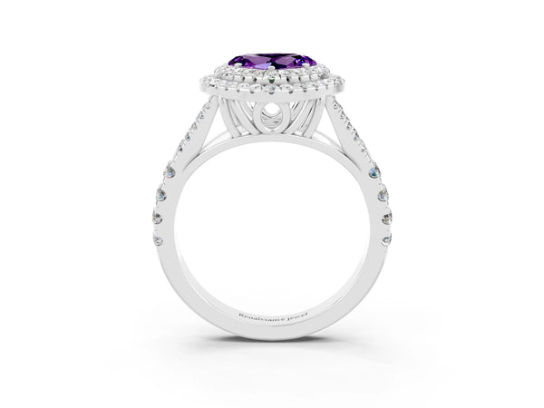 Platinum Heart Cut Amethyst Pavé Split Shank Double Halo Engagement Ring