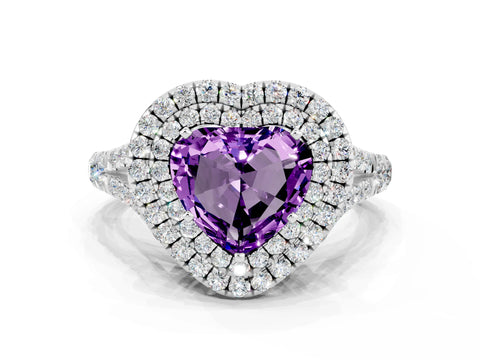 White gold Heart Cut Amethyst Pavé Split Shank Double Halo Engagement Ring