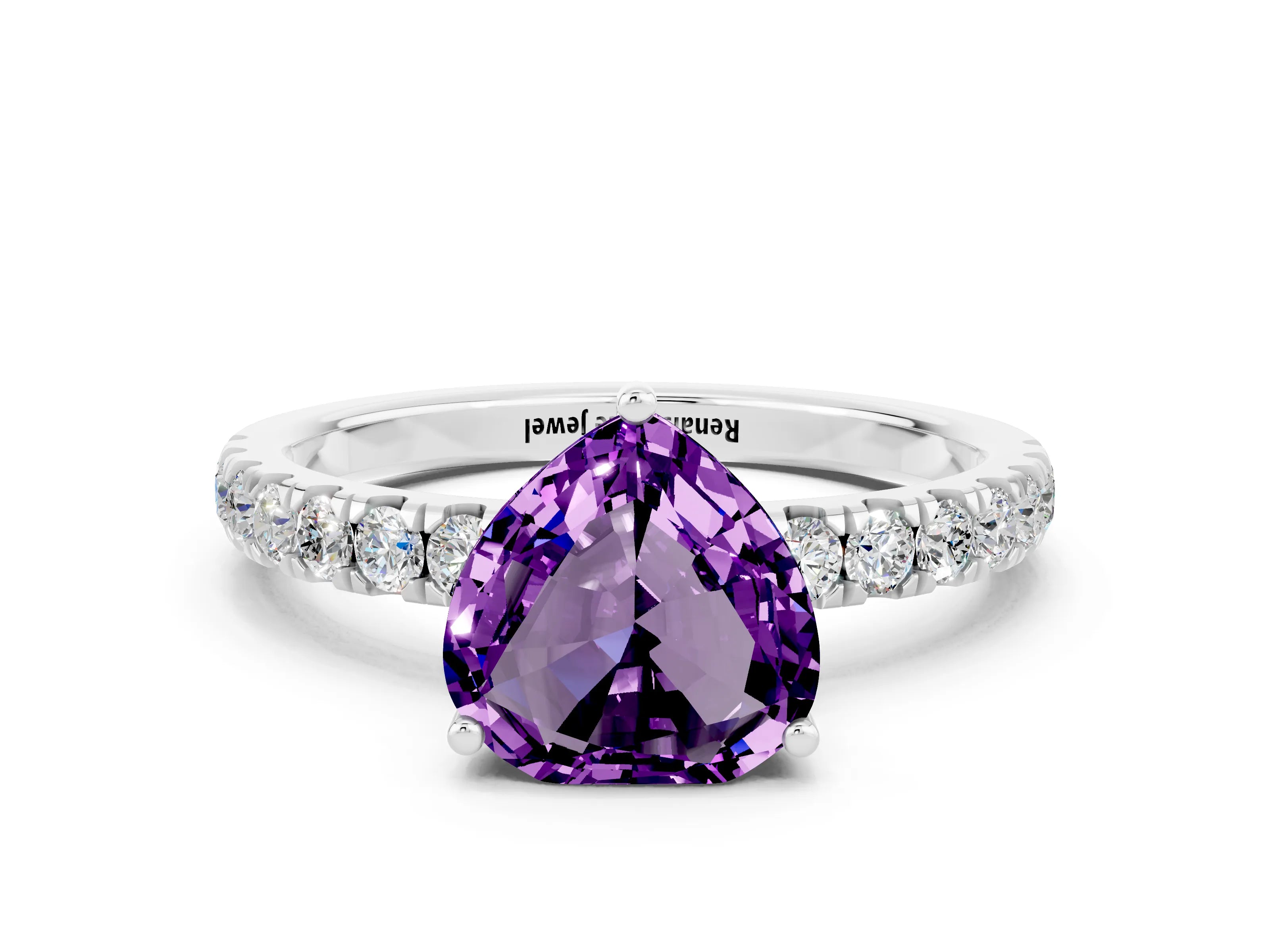 White gold Heart Cut Amethyst Pave Band Solitaire Ring with Four-Prong Setting_24