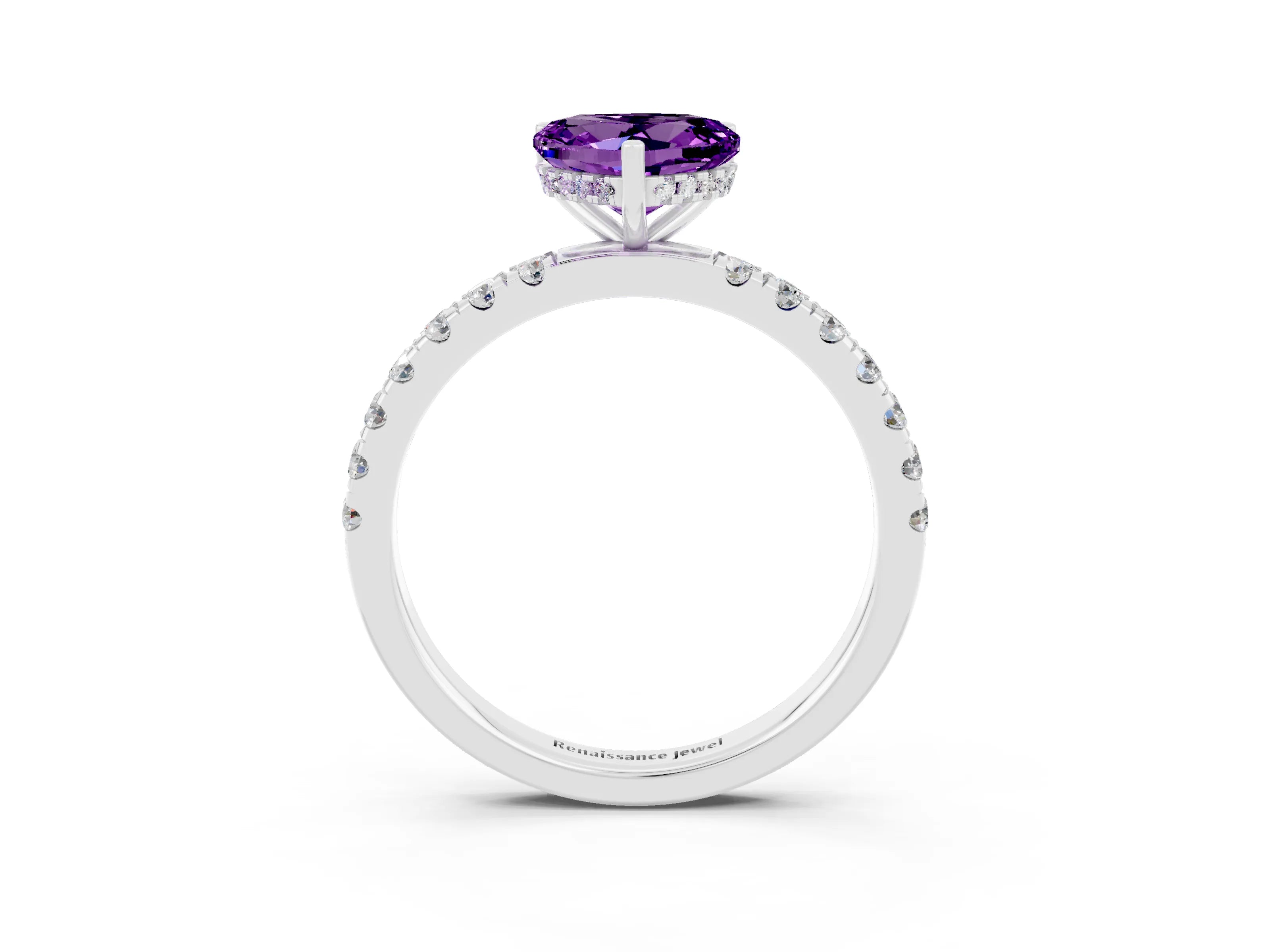 White gold Heart Cut Amethyst Pave Band Solitaire Ring with Four-Prong Setting_27