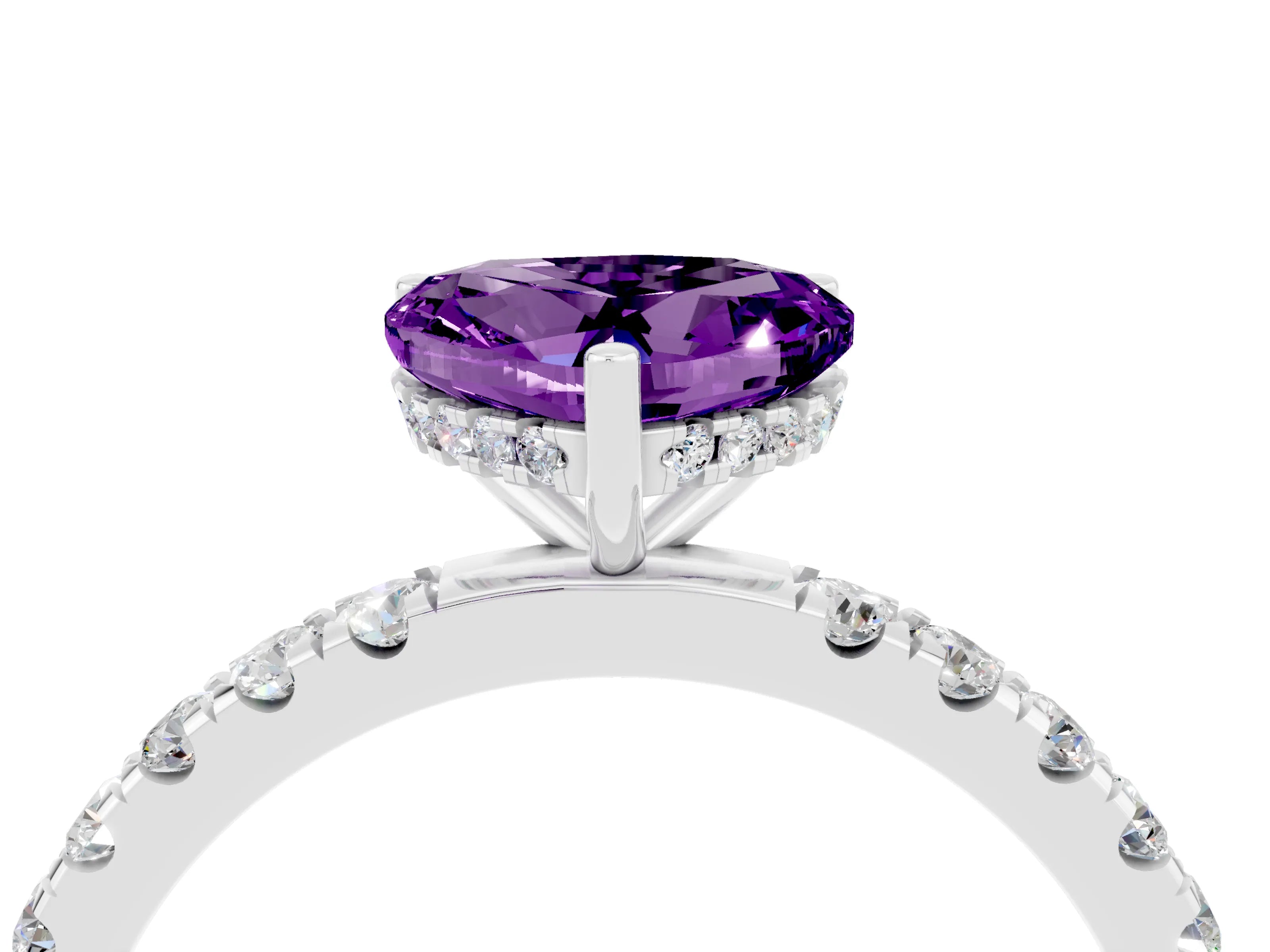White gold Heart Cut Amethyst Pave Band Solitaire Ring with Four-Prong Setting_28