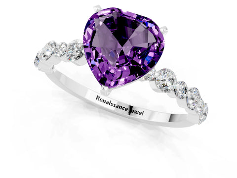 White gold Heart Cut Amethyst Prong Set Engagement Ring with Pavé Band_1