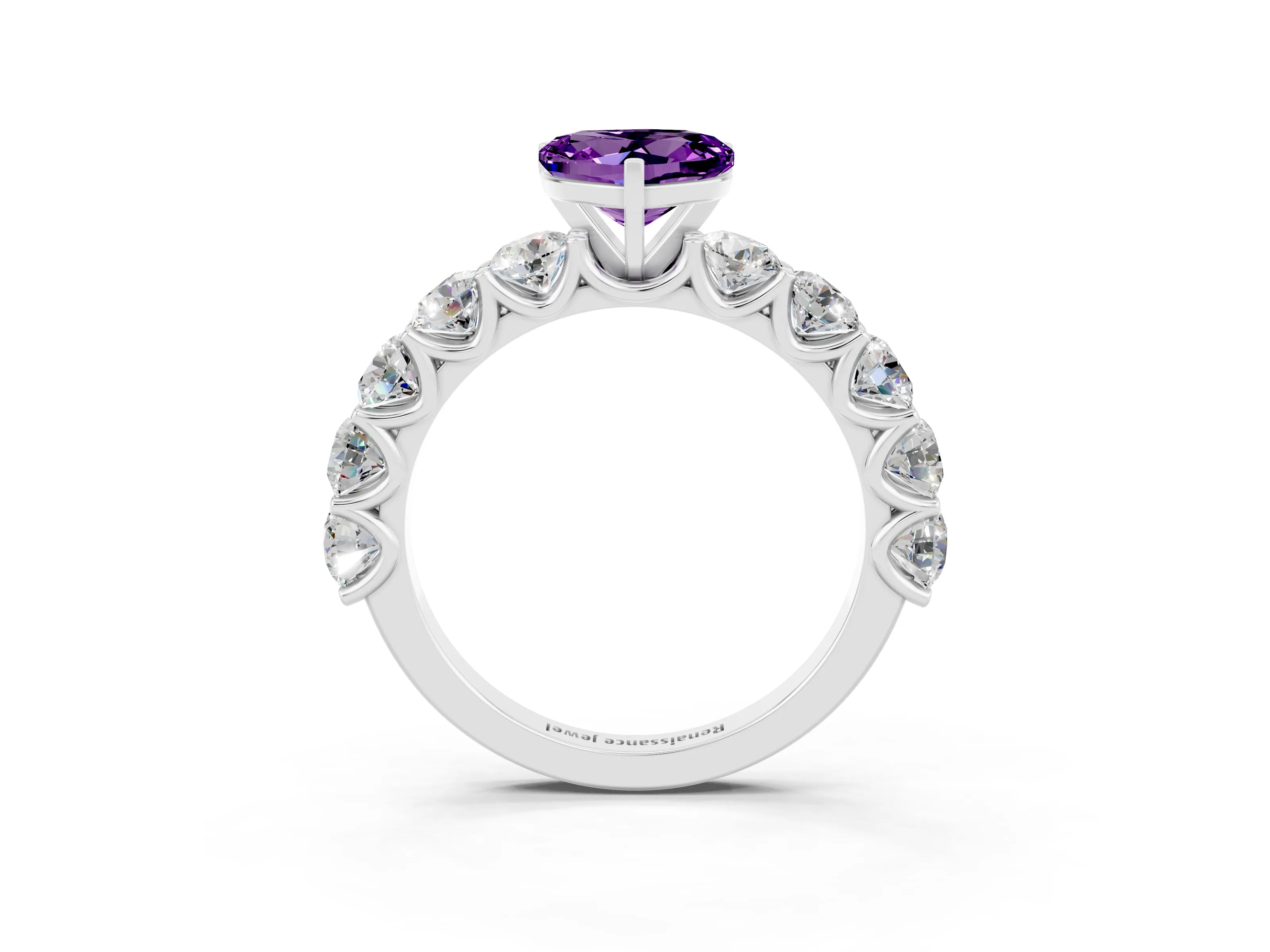 White gold Heart Cut Amethyst Prong Setting with Side Stones on a Pave Band_3
